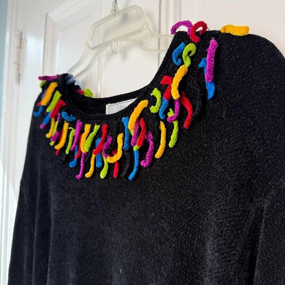 VTG Colorful Fringe Sweater Womens Large Black Knit Shoulder Pads Chenile - Picture 2 of 5